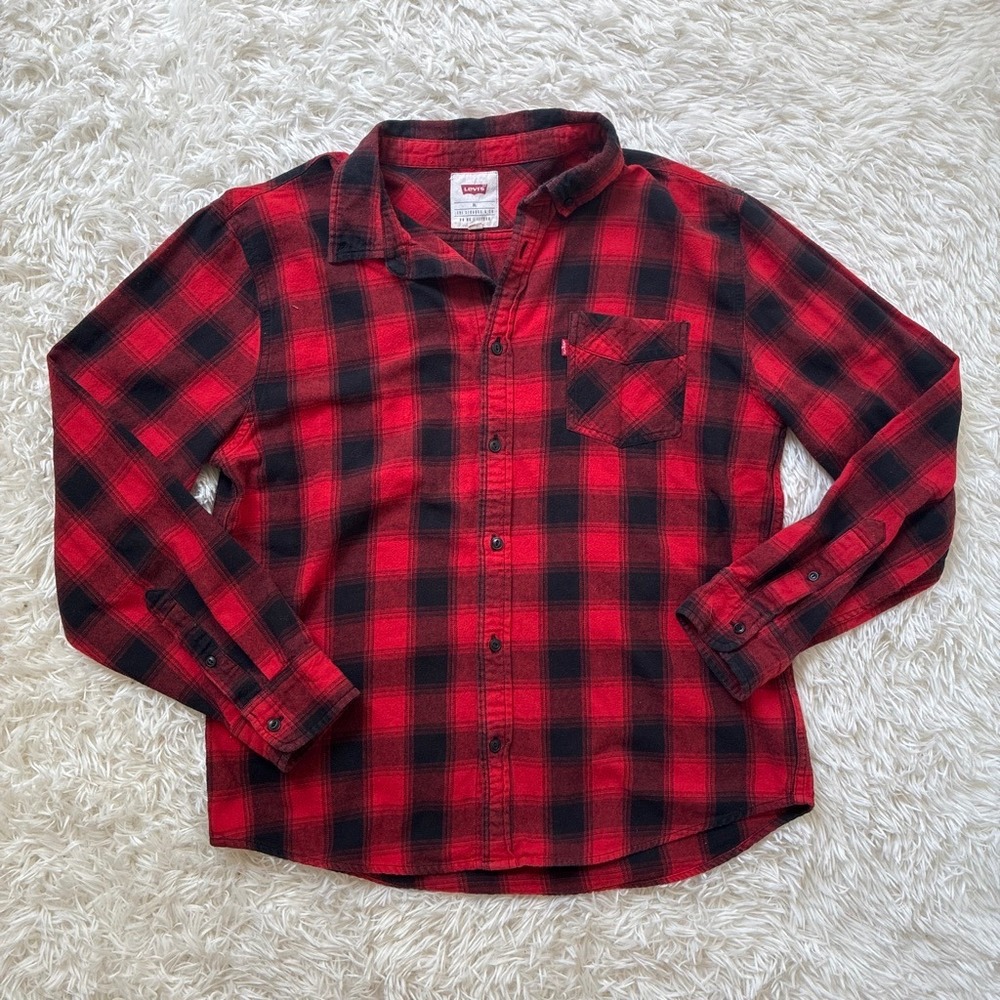 Levis Red Buffalo Plaid Flannel Button Down Shirt 100% Cotton youth XL mens XS